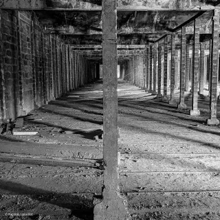 Un bâtiment abandonné. Au premier plan et au milieu de la photo, un poteau. En arrière-plan, les autres poteaux qui soutiennent la toiture.