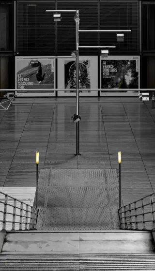 La photo est en noir et blanc. On se trouve en haut d'un escalier. Aux pieds de l'escalier, un lampadaire de part et d'autre. C'est la seule touche de couleur sur cette photo. Au fond, on aperçoit trois grandes affiches dont deux qui indiquent "La France sous leurs yeux".